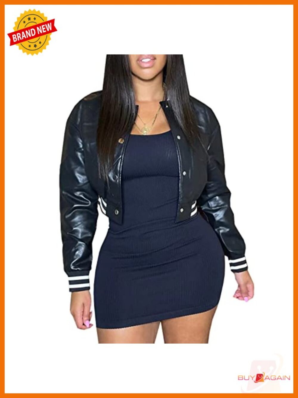 Faux Leather Cropped Varsity Bomber Jacket Womens Button Up
